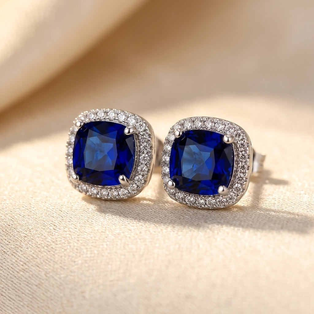 Boucles d'oreilles Halo-Saphir en argent