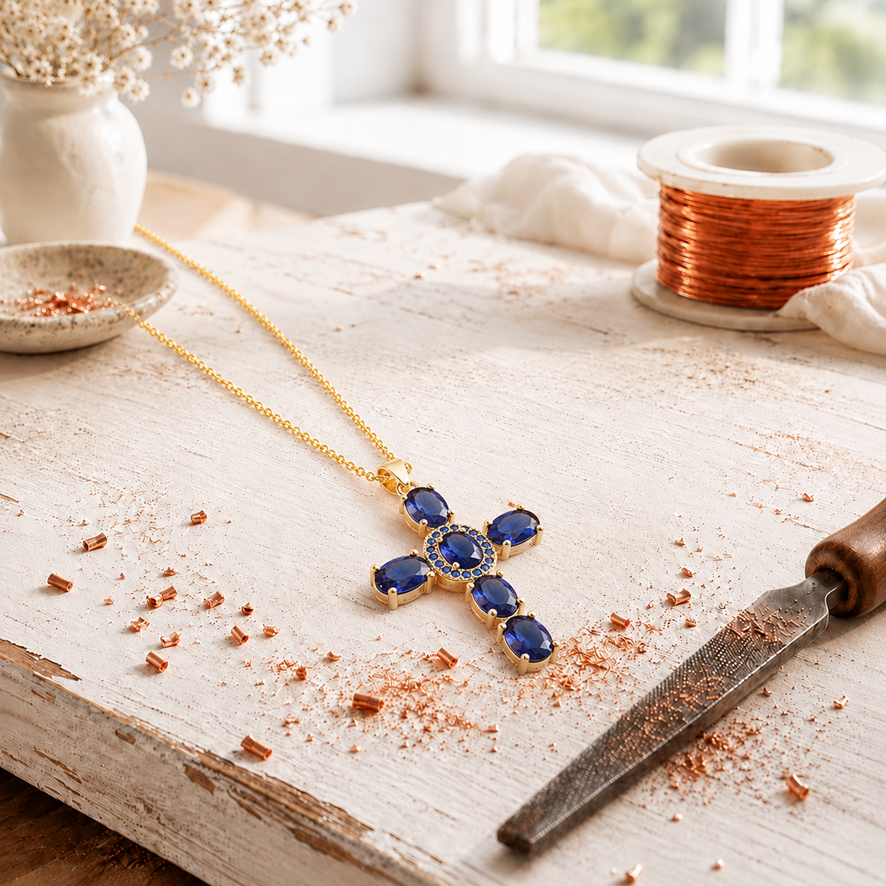 Pendentif en cuivre incrusté de zircon Croix avec chaîne