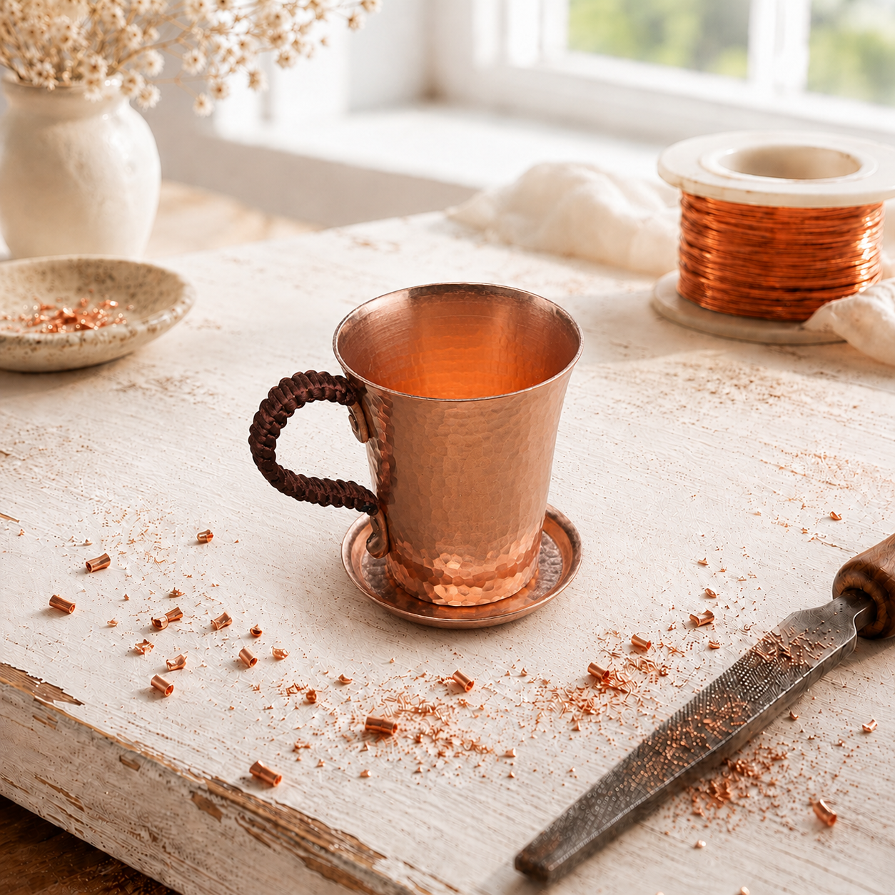 Tasse en cuivre martelé artisanale avec anse tressée