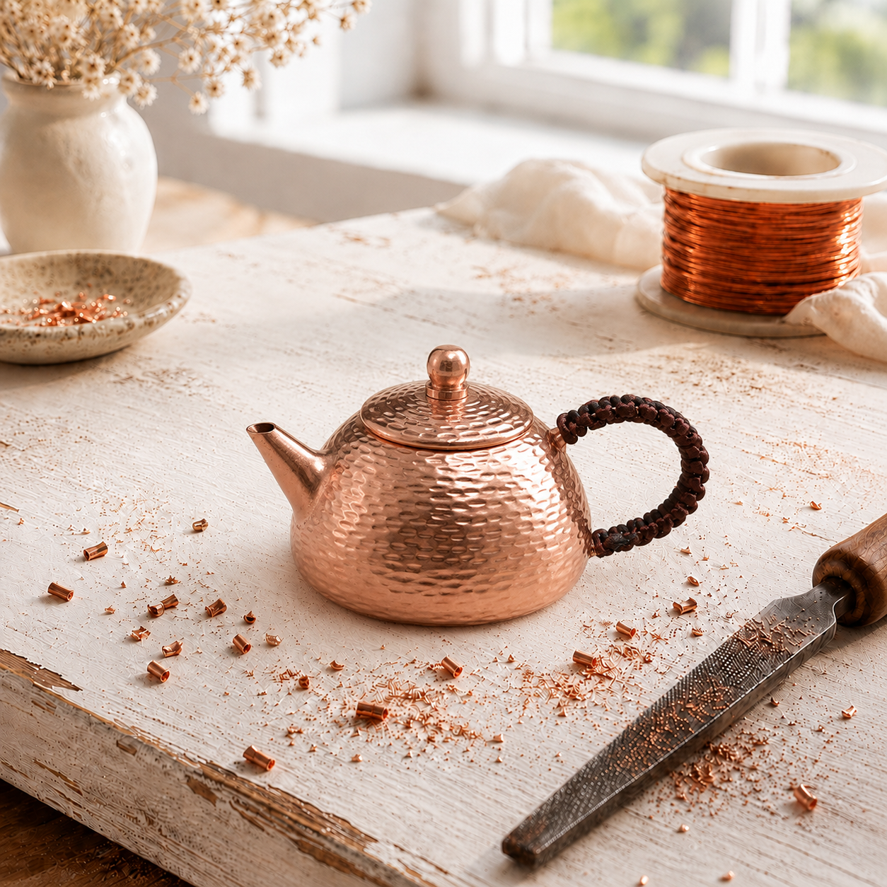 Théière en cuivre martelé artisanale