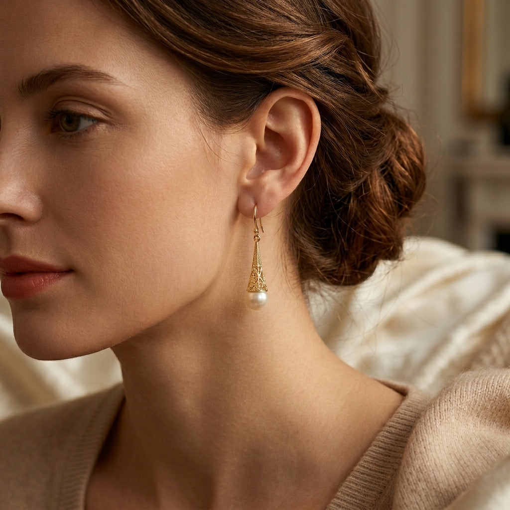 Boucles d'oreilles pendantes en filigrane avec perle en or