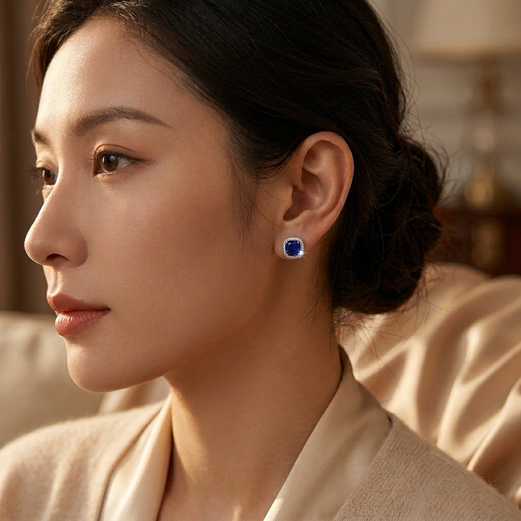 Boucles d'oreilles Halo-Saphir en argent